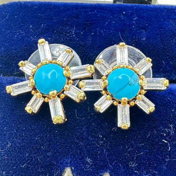 925 sterling silver gold plated clear cubic zirconia baguette turquoise earrings - Picture 4 of 8